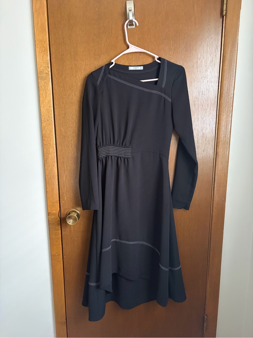 Mango Black Long-Sleeve Asymmetrical Stitch Detail Dress
